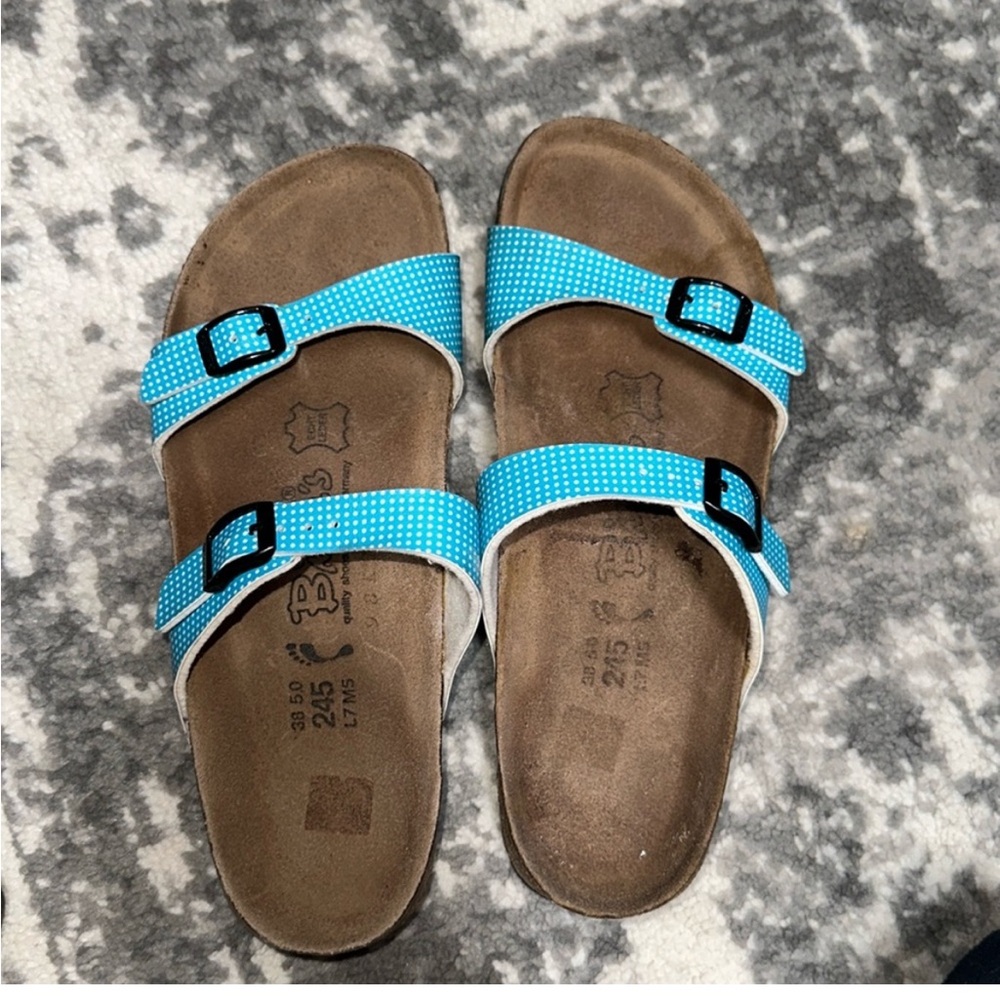 Birkenstock Blue and White Sandals with Adjustable Straps and Cork Footbed